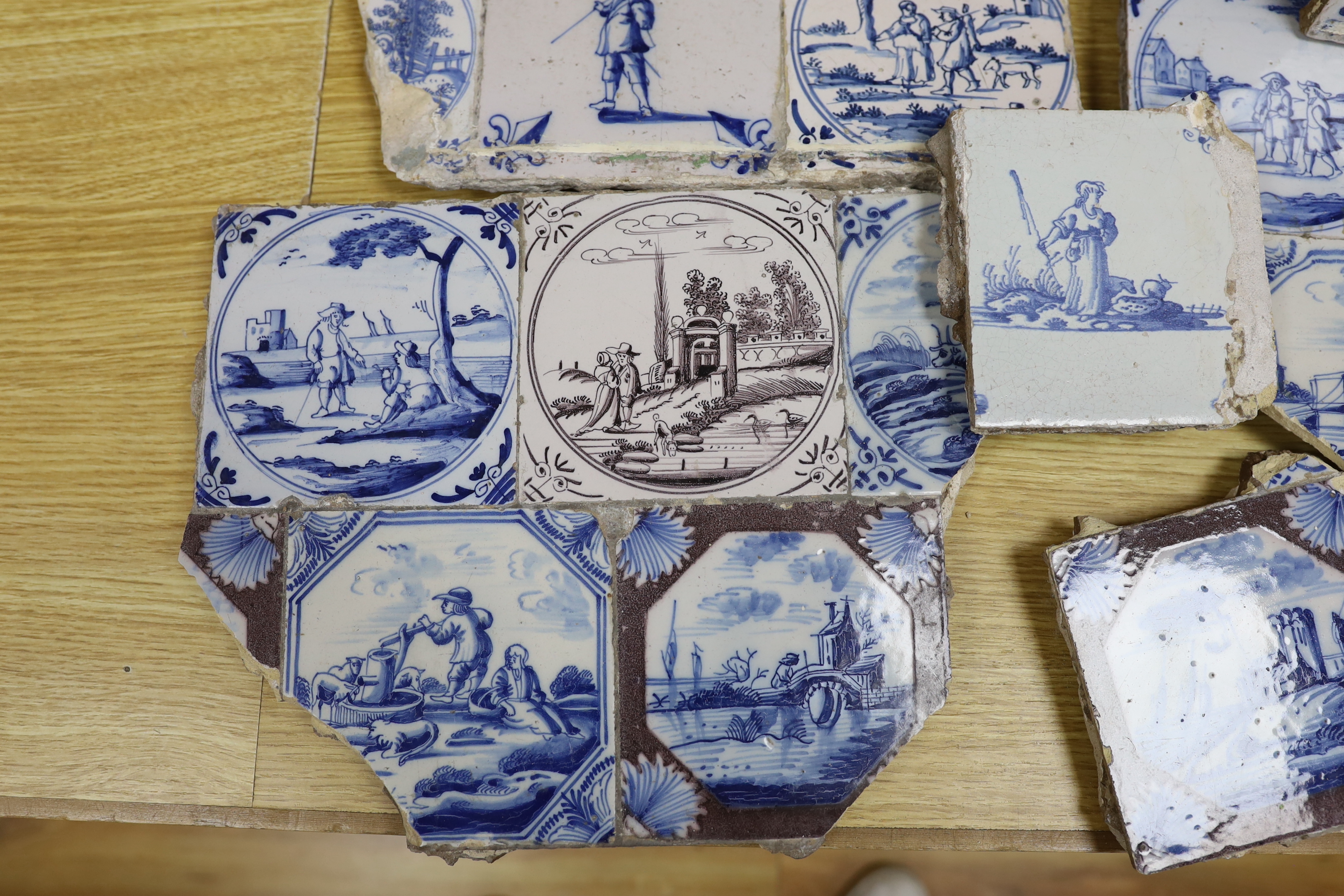 A collection of 18th century Delft Blue and white or manganese tiles (a.f.)